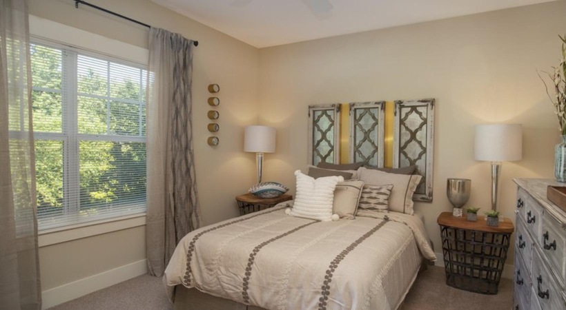 a bedroom with a large bed